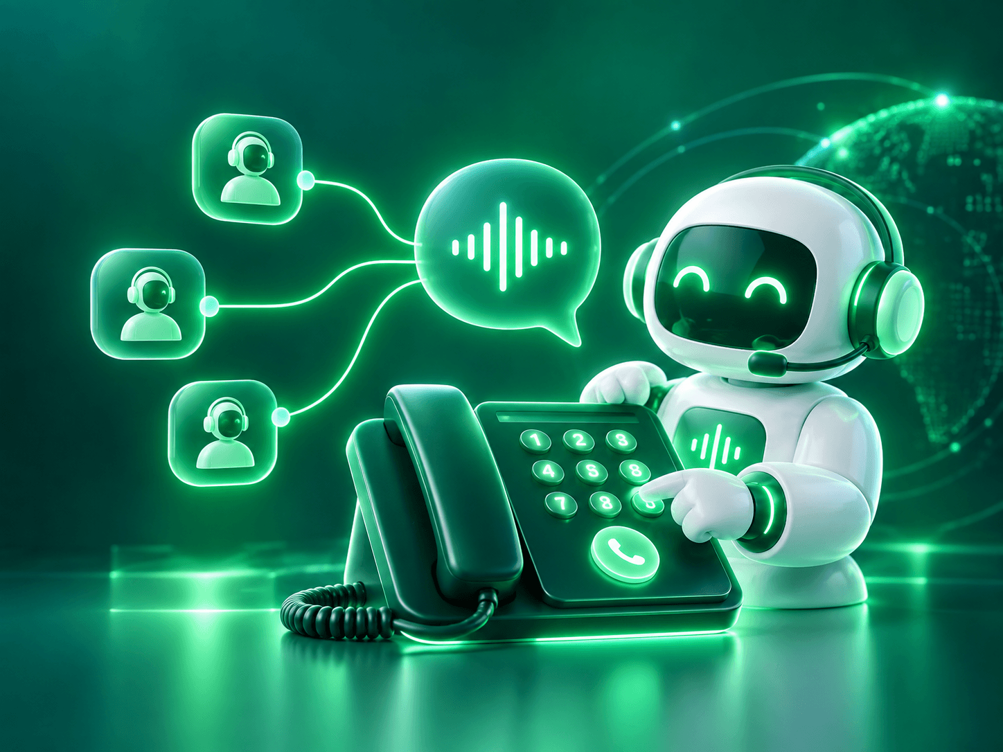 Green cover with a robot pressing a desk phone keypad beside agent tiles