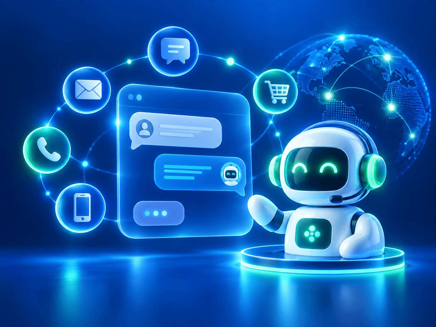 Blue cover with an omnichannel icon ring, chat window and a connected globe