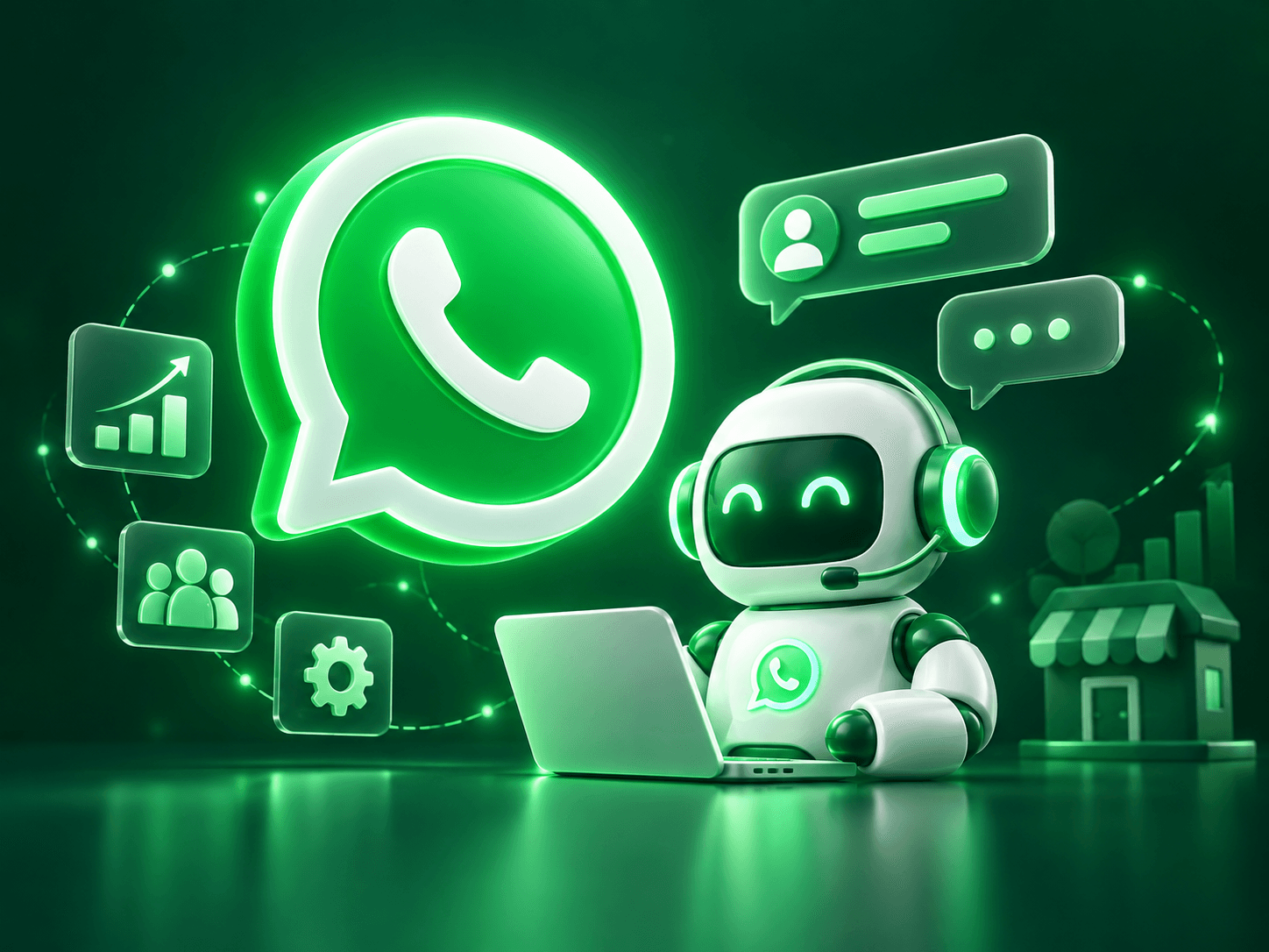 Green cover with a large WhatsApp logo, a robot on a laptop and message cards