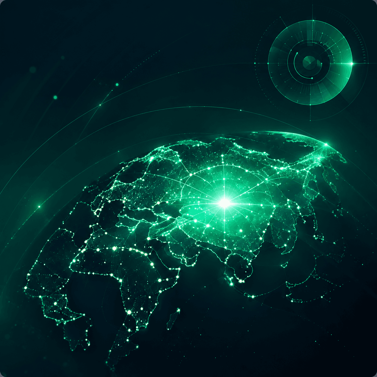 Dark cover with a glowing green world map and a radar dial