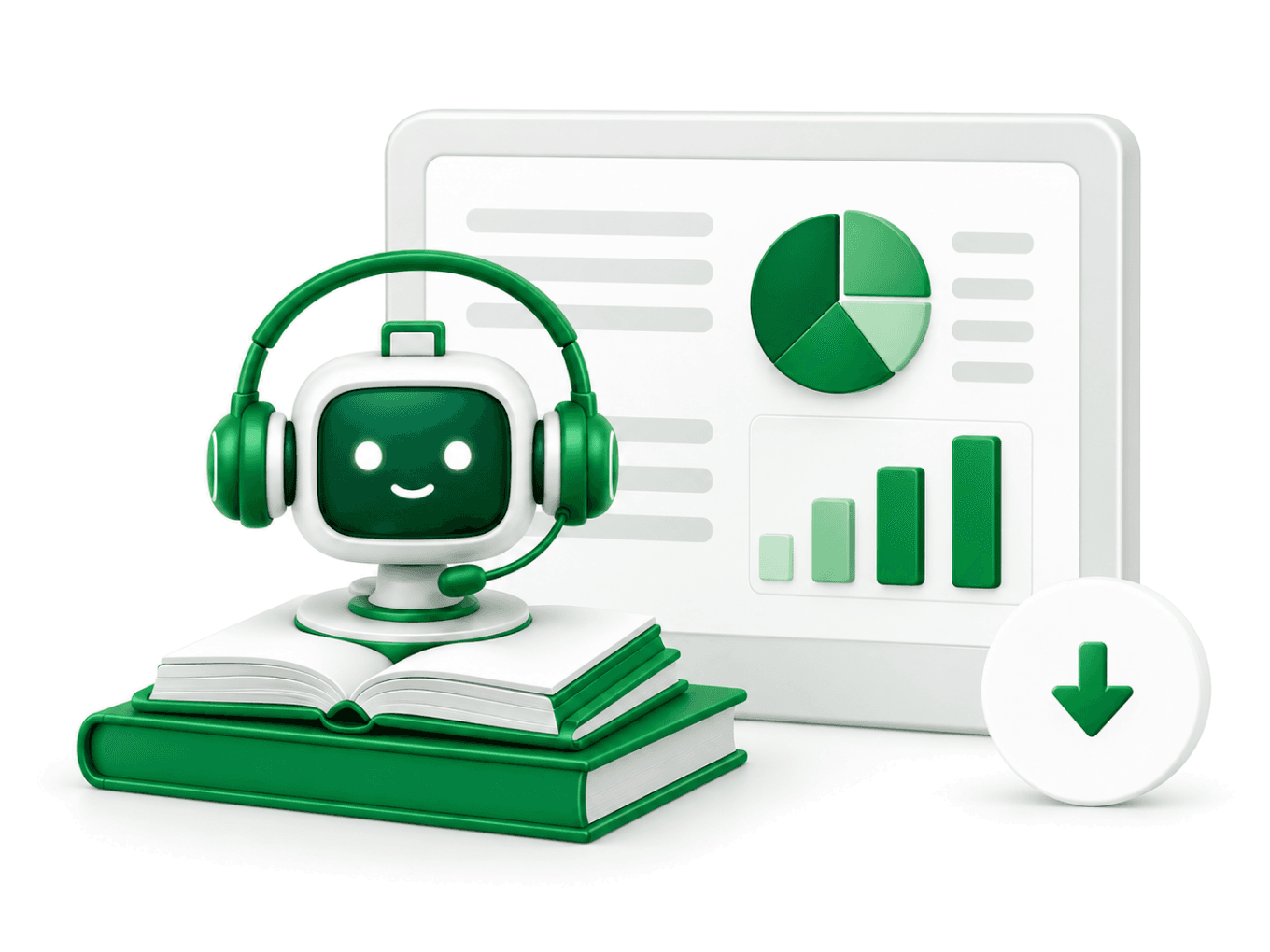 Stack of report covers and an open eBook beside charts and a download badge