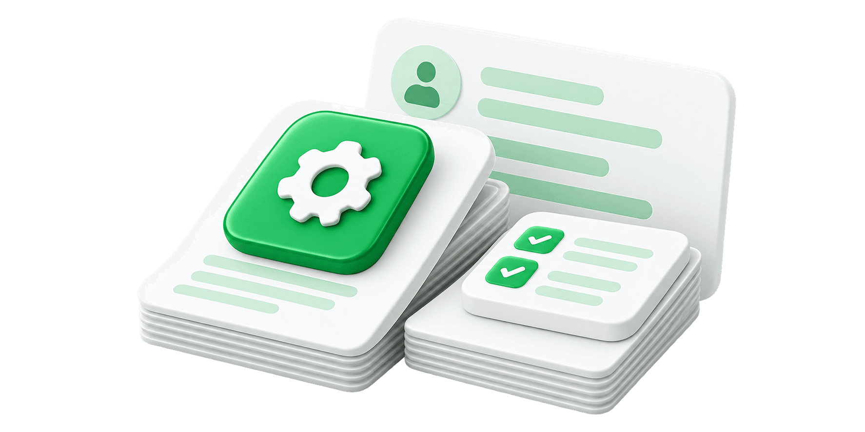 Report pages fanned out beside a magnifying glass and chart tiles