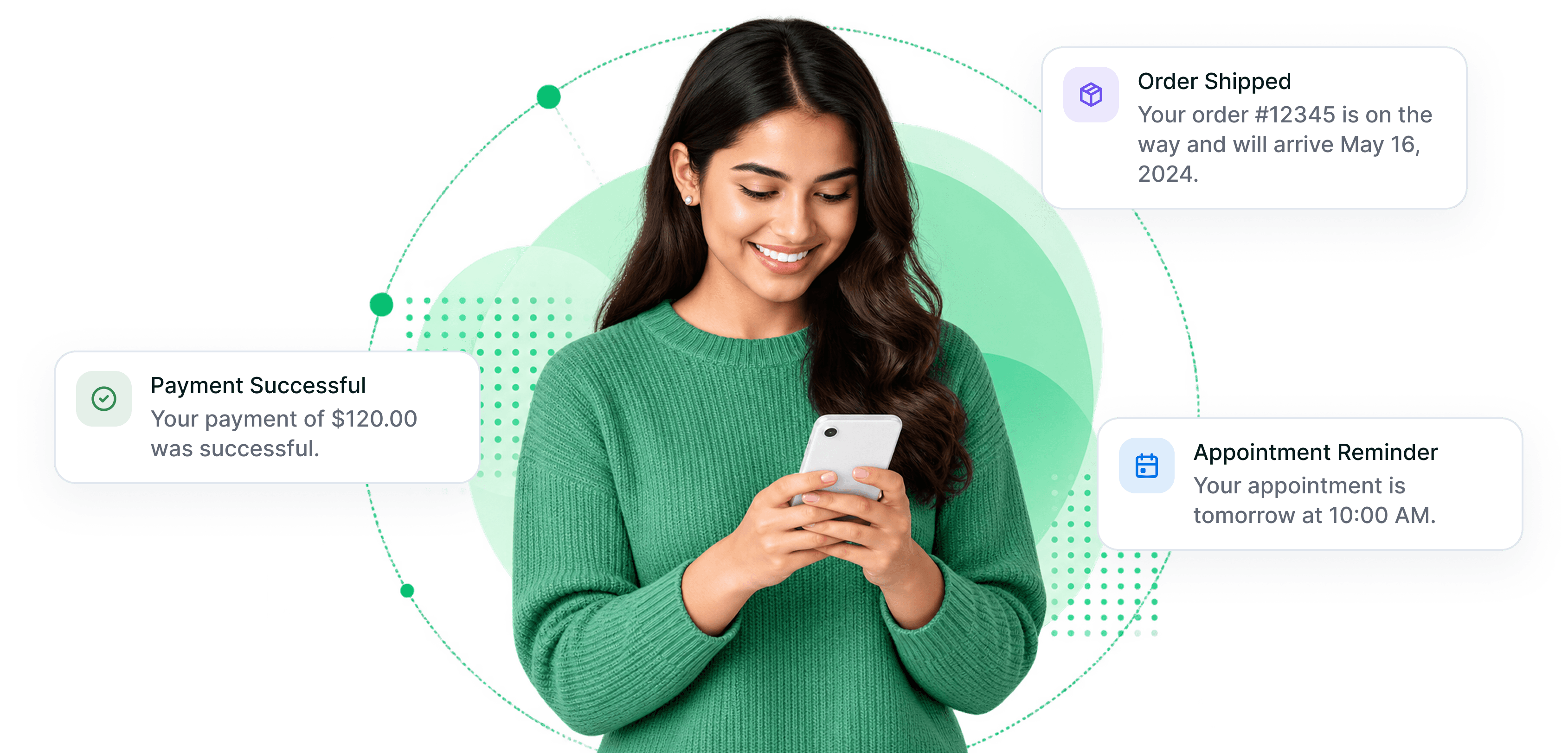 Order shipped, appointment reminder and payment successful notification cards
