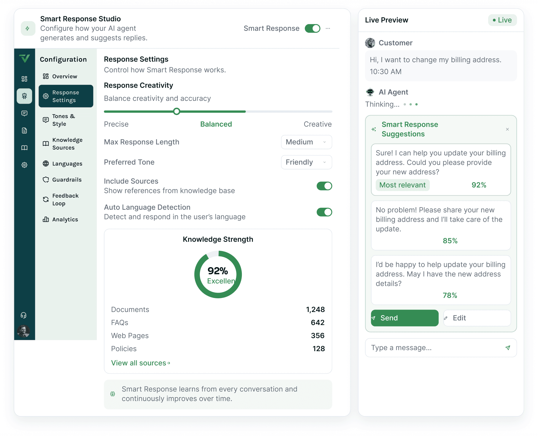 The Smart Response Studio: response settings with a creativity slider, tone and language toggles, a knowledge-strength gauge, and a live preview panel where the AI offers three ranked reply suggestions.