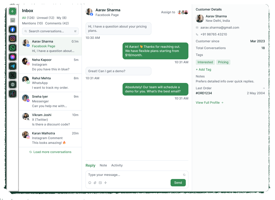 Unified social inbox with Facebook, Instagram and WhatsApp conversations side by side
