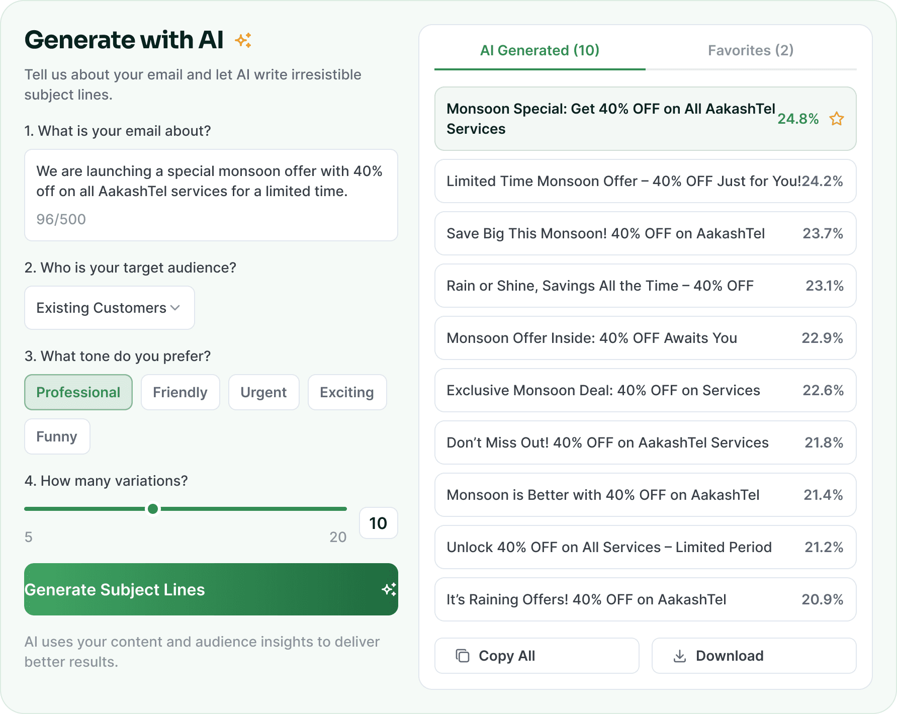 The AI subject line generator: the brief on the left and the generated subject lines with their predicted open rates on the right