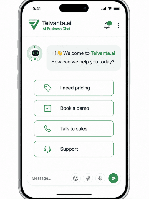 The Telvanta.ai business chat on a phone, welcoming a visitor with quick replies for pricing, a demo, sales and support