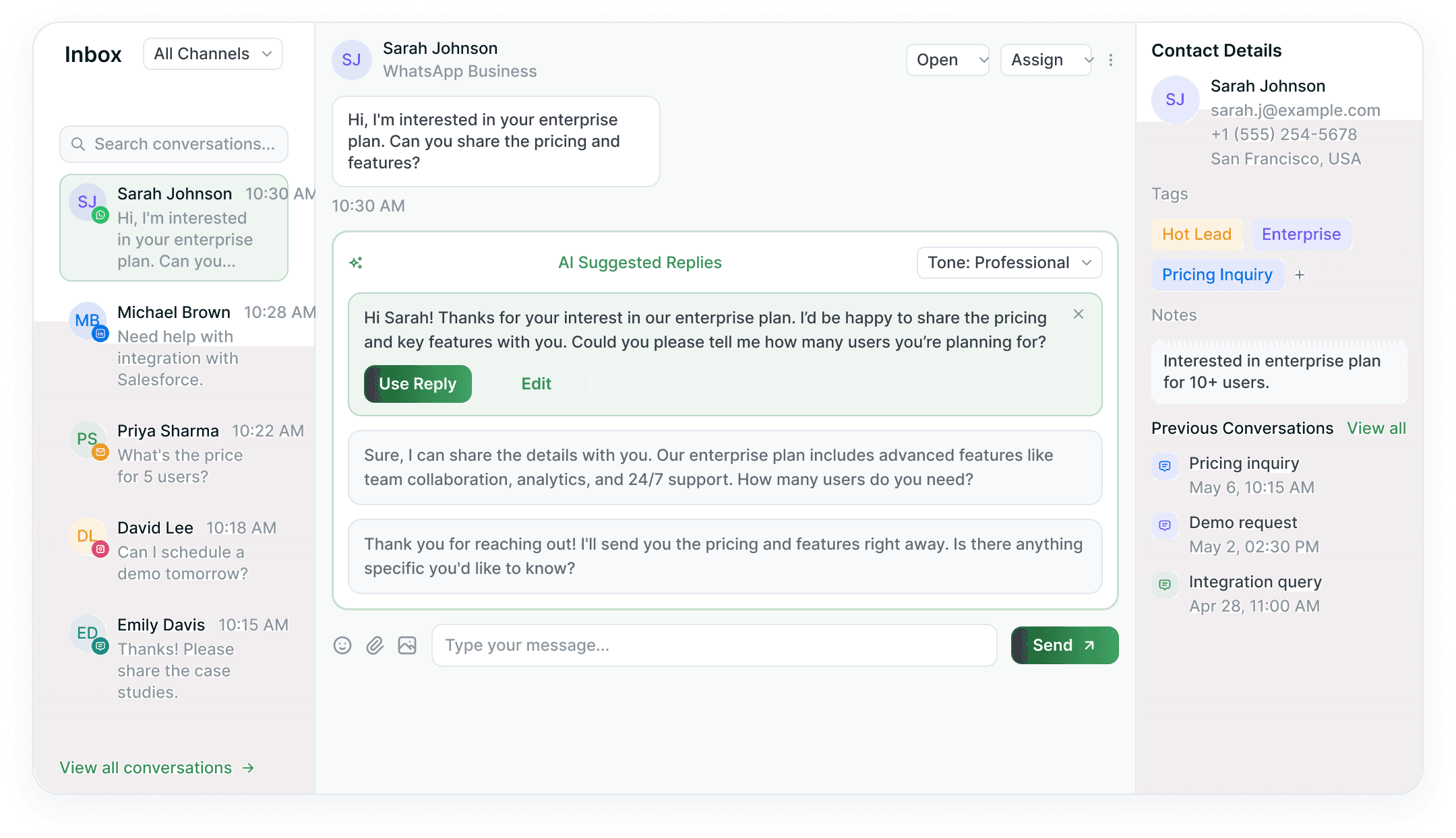The Telvanta inbox with an AI-suggested reply drafted beside the customer's conversation and contact details