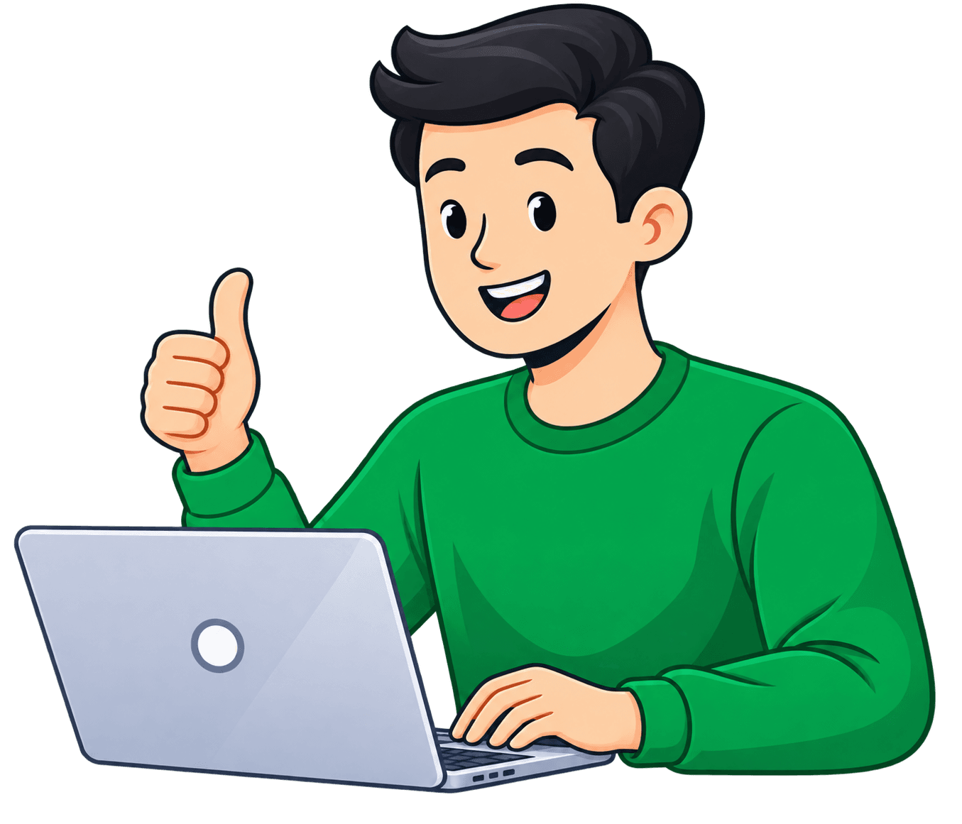 A happy customer at a laptop, greeted in their own language in the right tone.