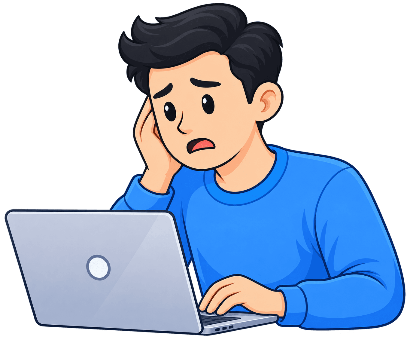 A frustrated customer at a laptop, greeted by messages in languages they did not ask for.