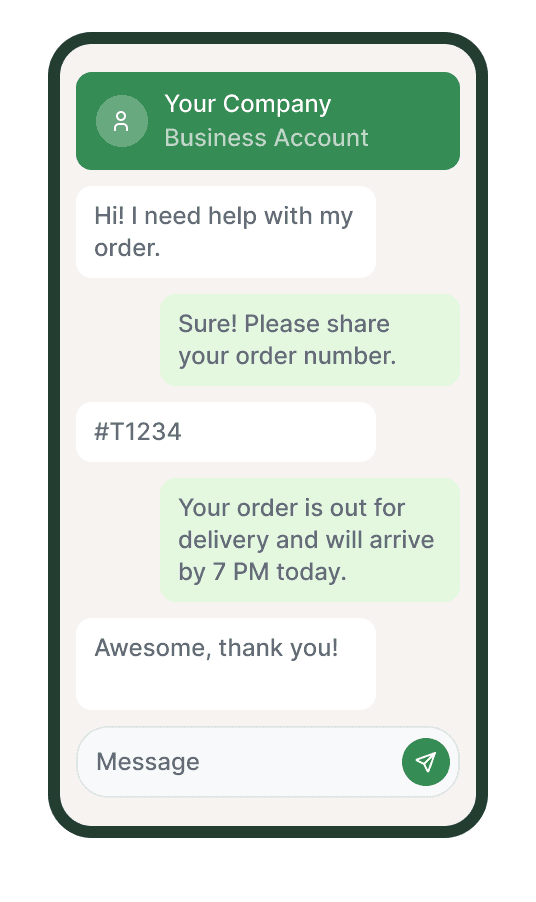 WhatsApp chat thread on a phone, from the customer question to the delivery update