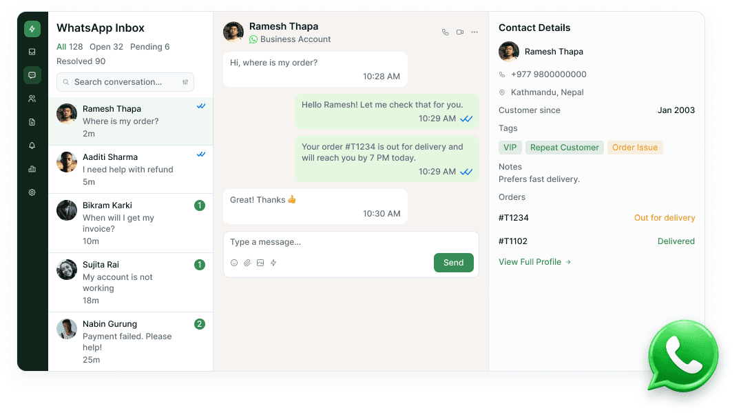 WhatsApp team inbox with live conversations and customer context