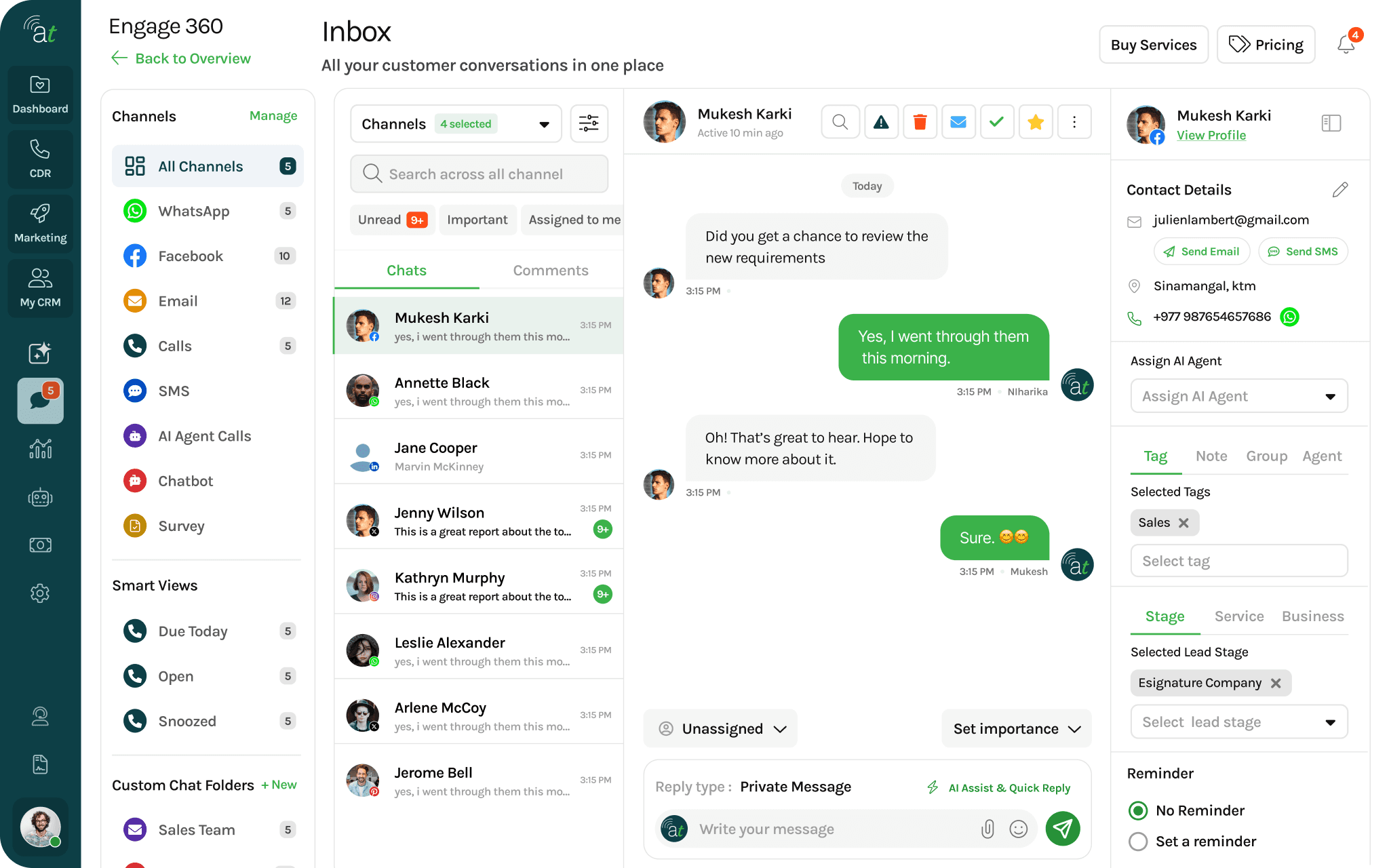 The Telvanta.ai unified inbox: a channel rail listing WhatsApp, Facebook, Email, Calls, SMS and AI Agent Calls, a conversation list, an open chat thread with a customer, and a contact panel holding tags, stage and reminders.