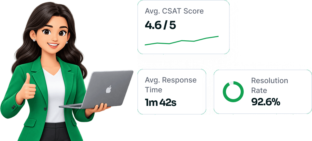 CSAT score, response time and resolution rate cards beside a support agent