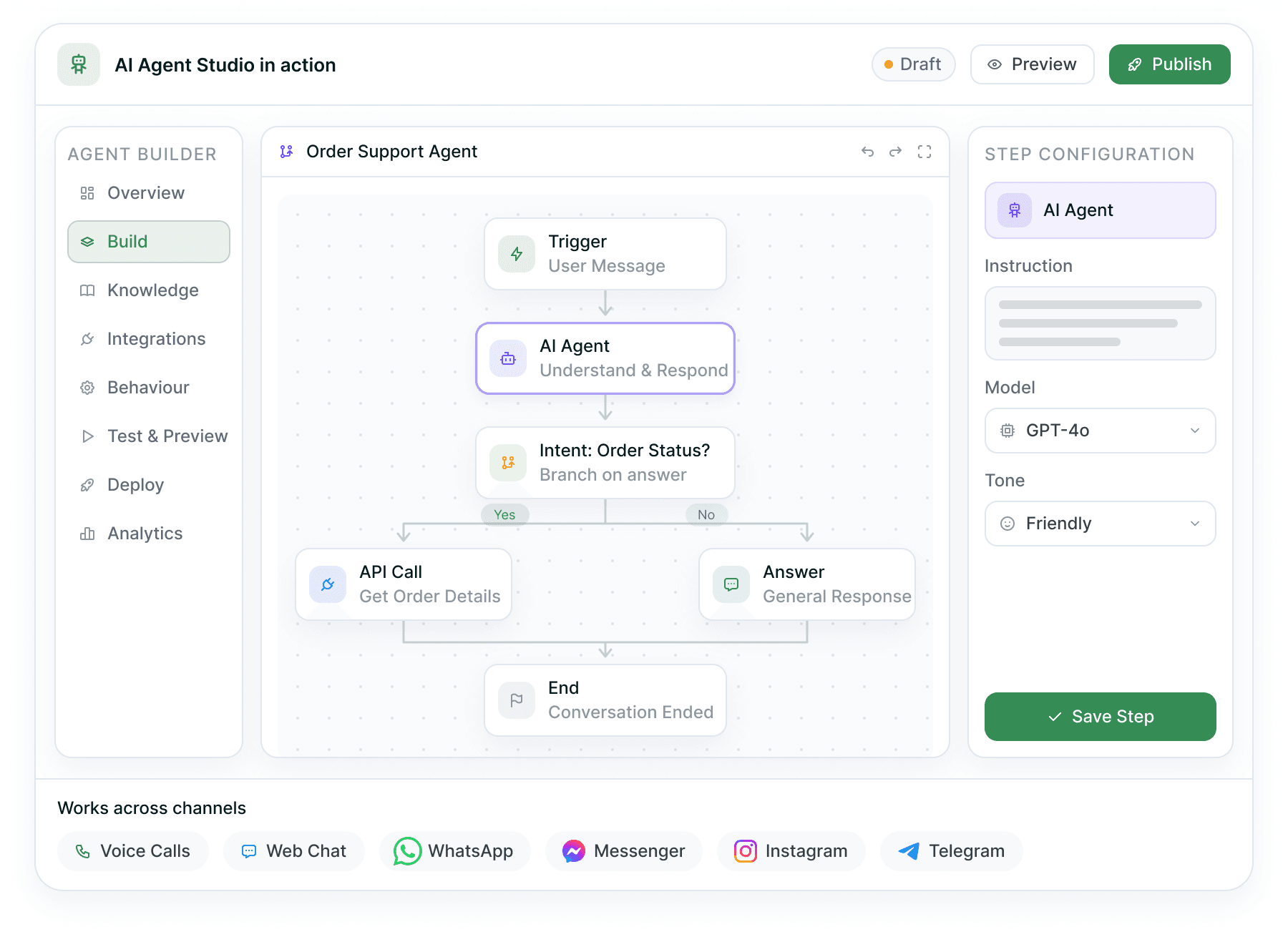 AI Agent Studio in action — a visual flow builder with trigger, AI agent and branch nodes beside a step configuration panel