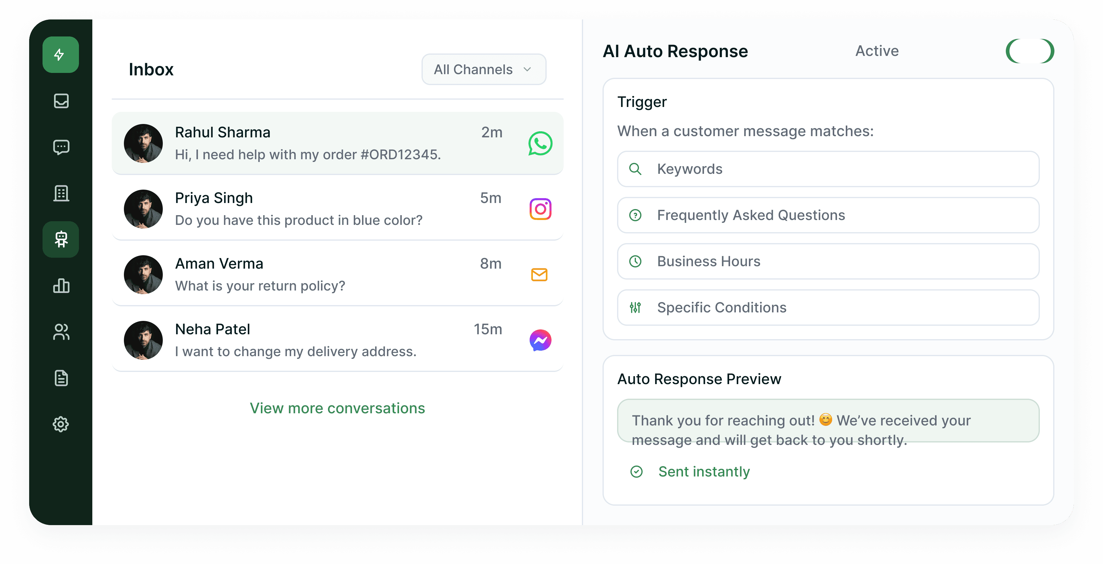 Shared inbox beside the AI auto-response rule that is answering each conversation