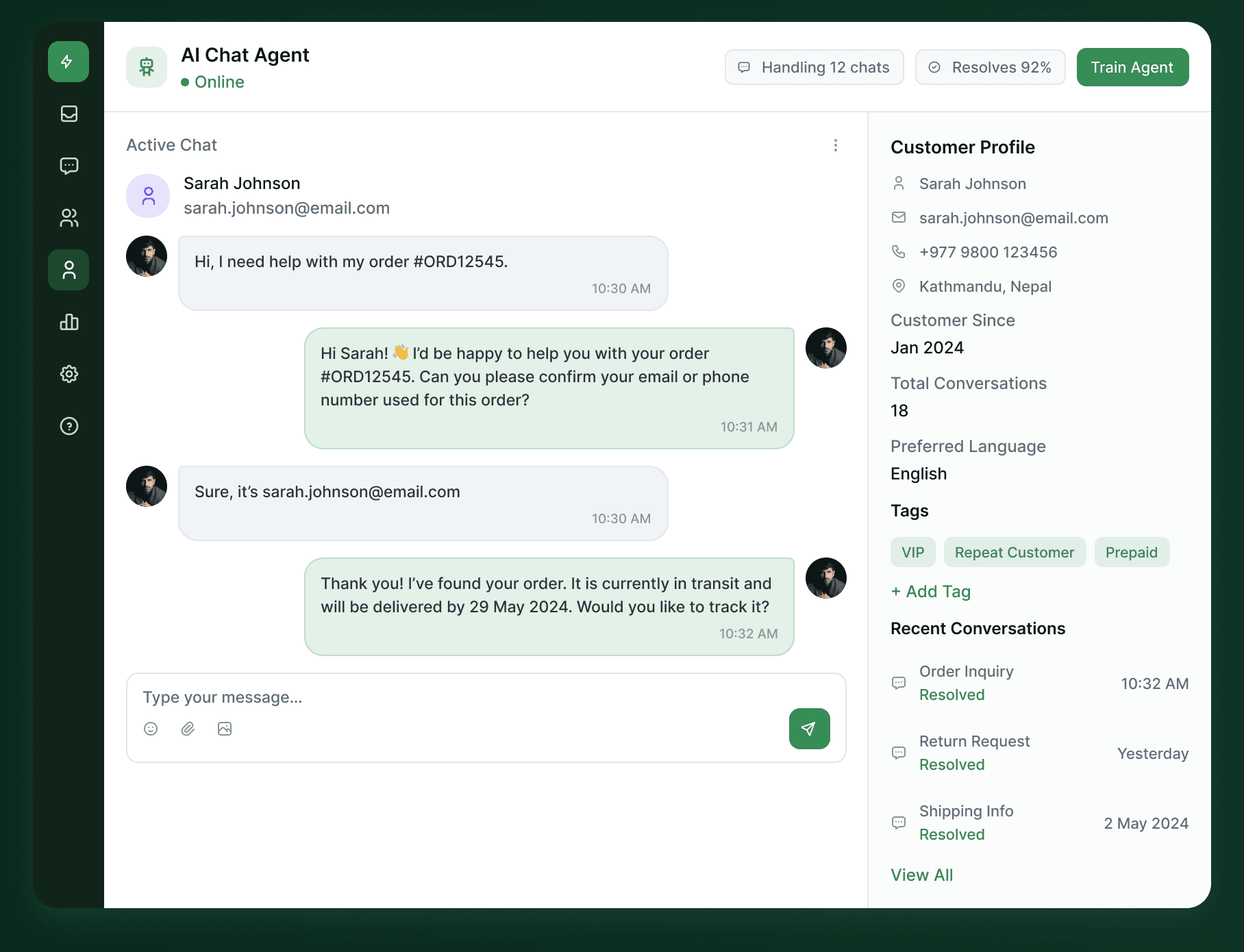 Live AI chat thread beside the customer profile, tags and recent conversations