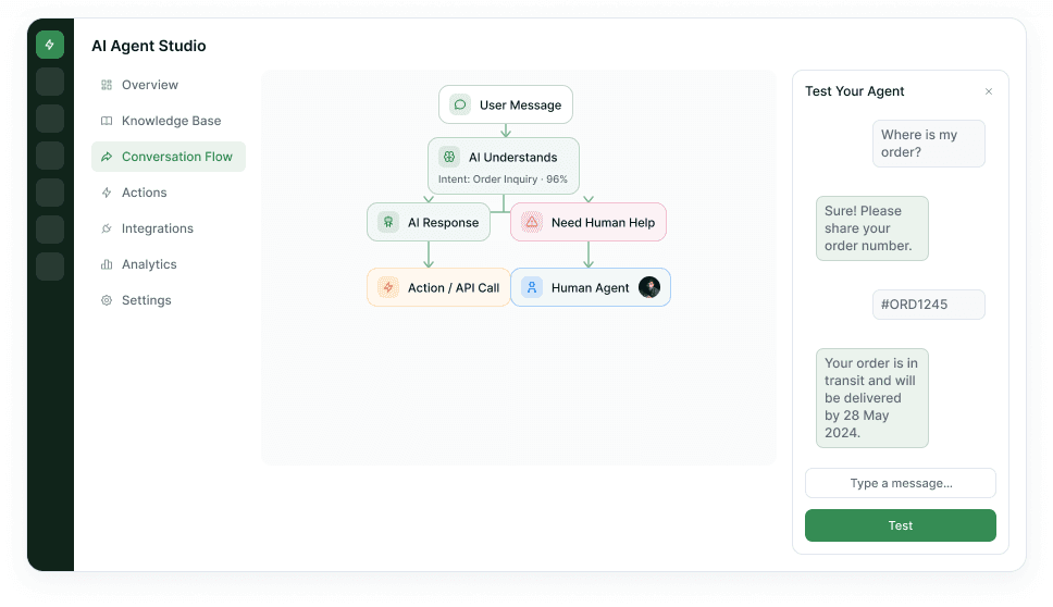 AI Agent Studio with the conversation flow canvas beside a live test chat