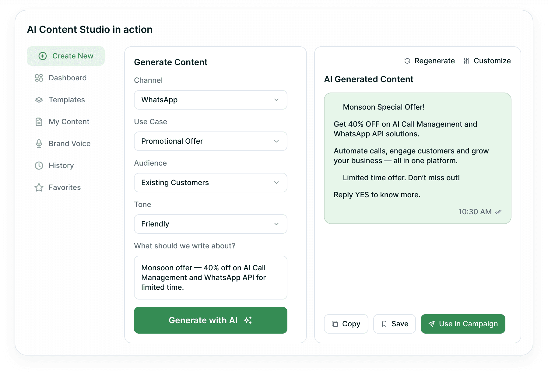 AI Content Studio in action — a generate-content panel with channel, use case, audience and tone selectors beside the AI generated WhatsApp message it produced
