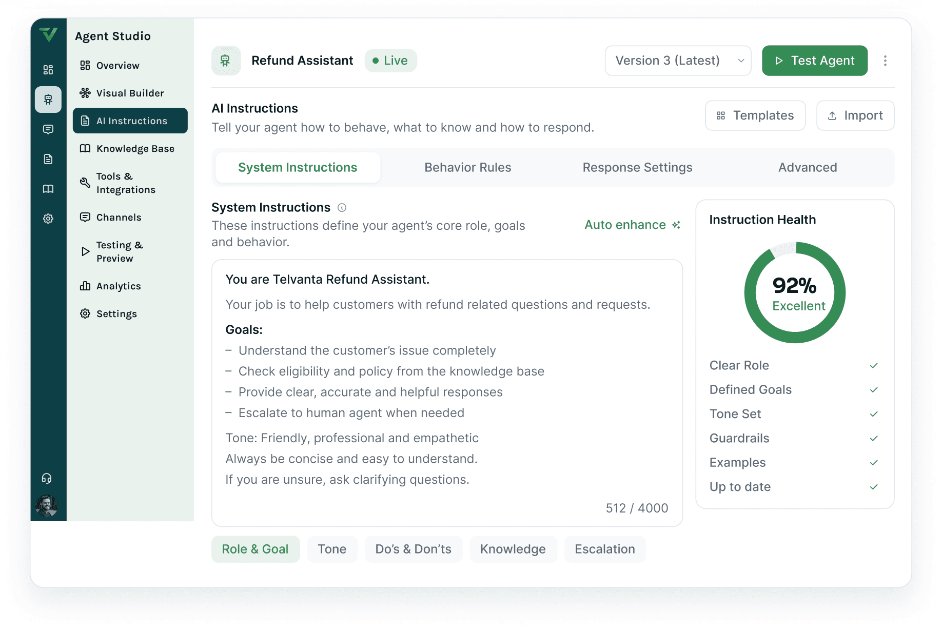The AI Instructions editor: a Refund Assistant system prompt with goals and tone, quick-insert chips, and an Instruction Health score of 92%.