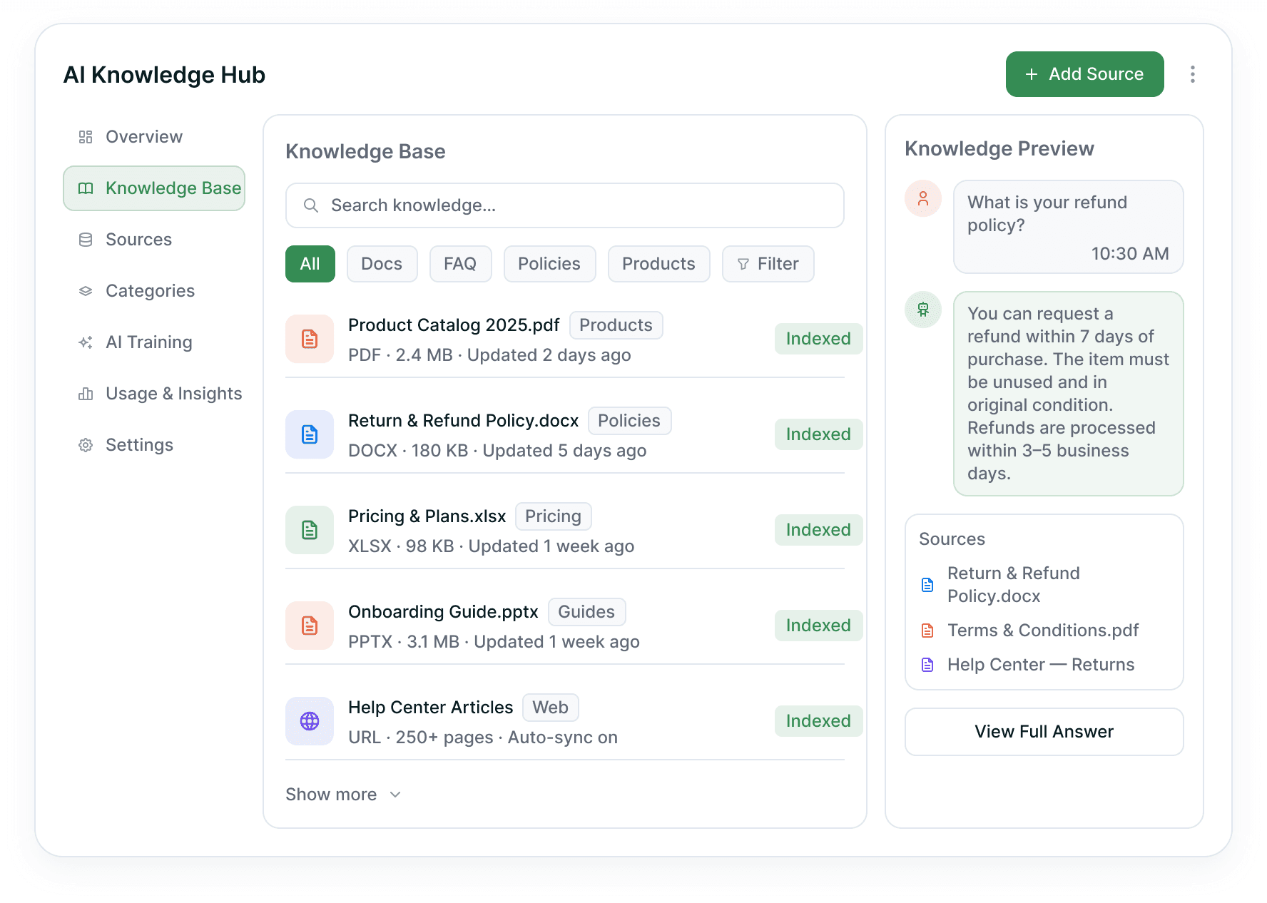 Knowledge base of indexed documents beside a preview of the answer the AI returns
