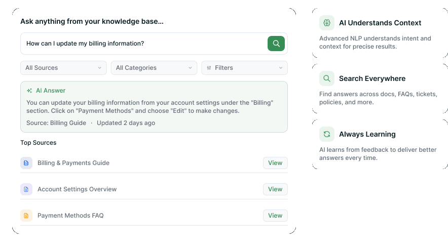 AI search panel returning an answer with cited sources beside capability cards