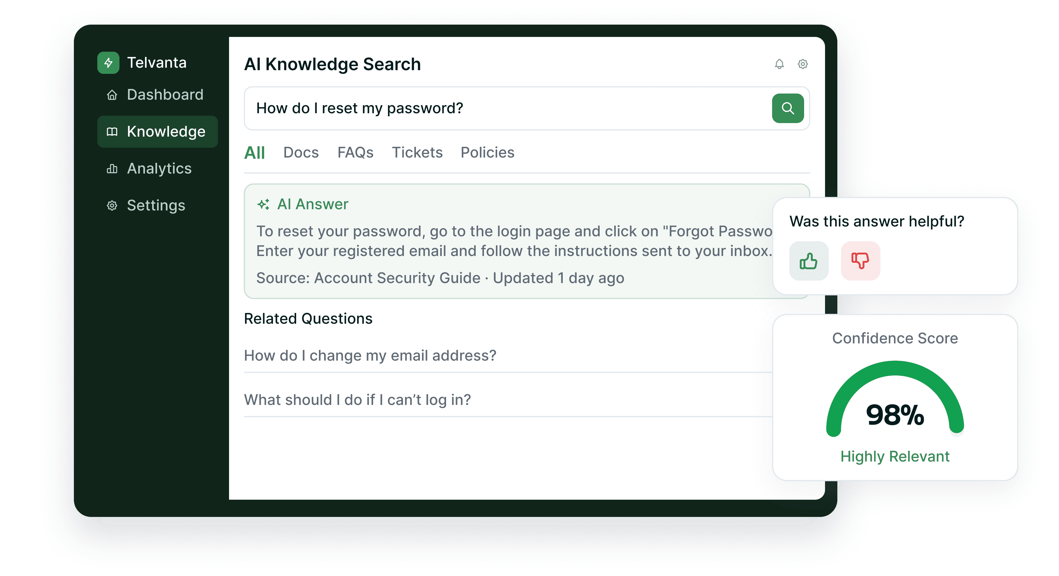 AI knowledge search on a laptop with a confidence score and helpfulness prompt