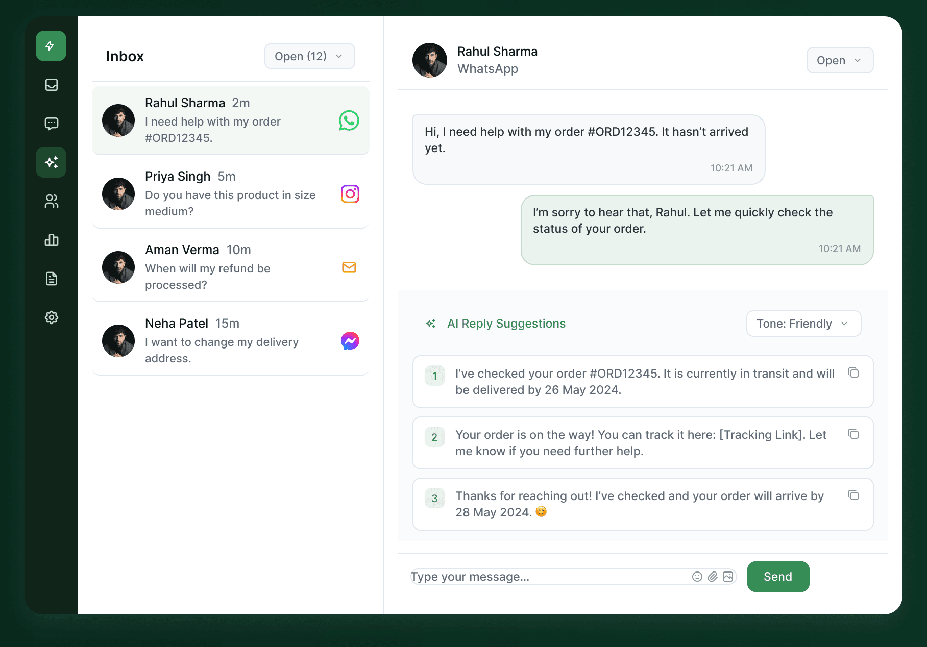 Shared inbox and conversation thread with three AI-drafted replies beneath it