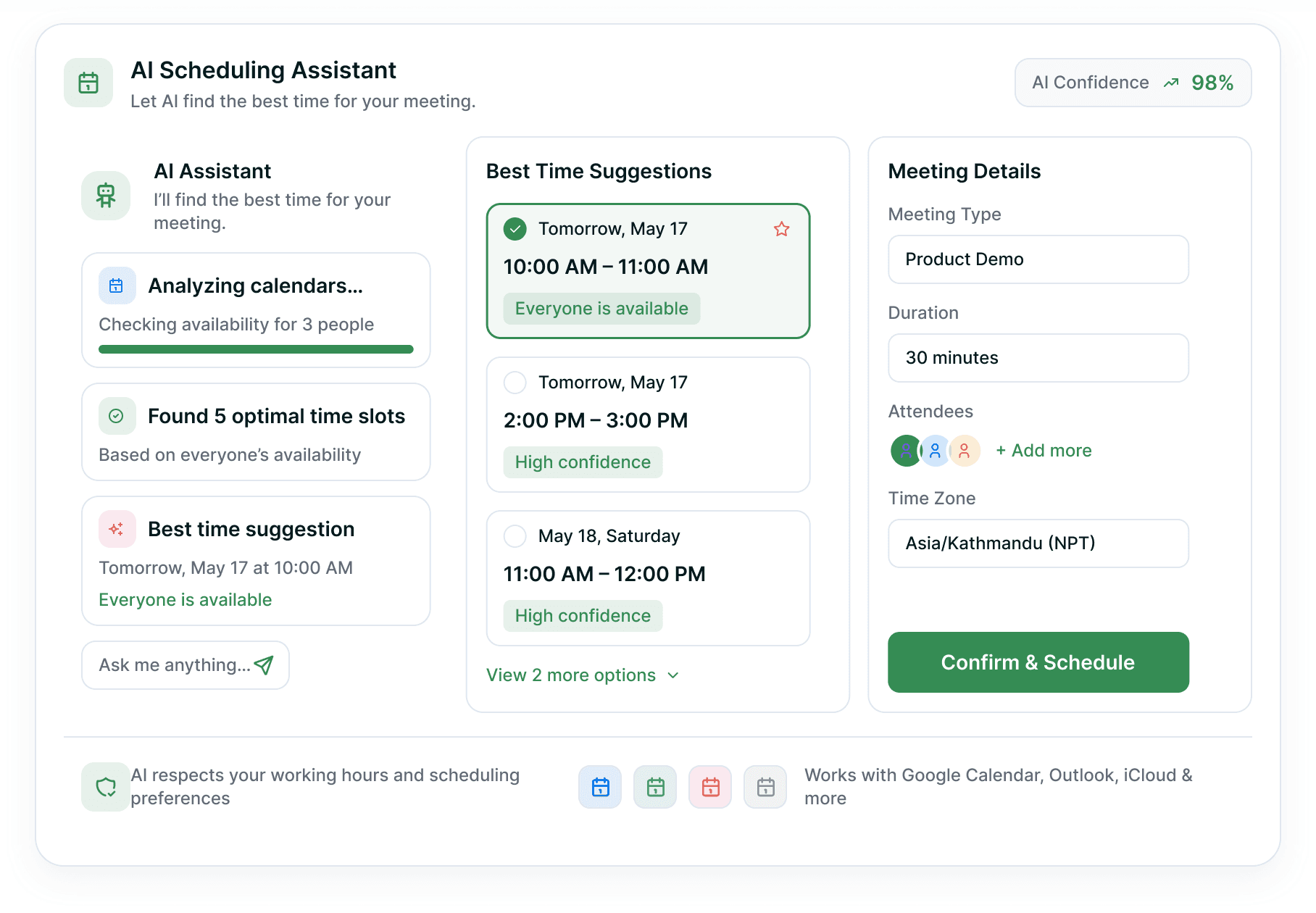 AI Scheduling Assistant panel suggesting the best meeting time across three calendars