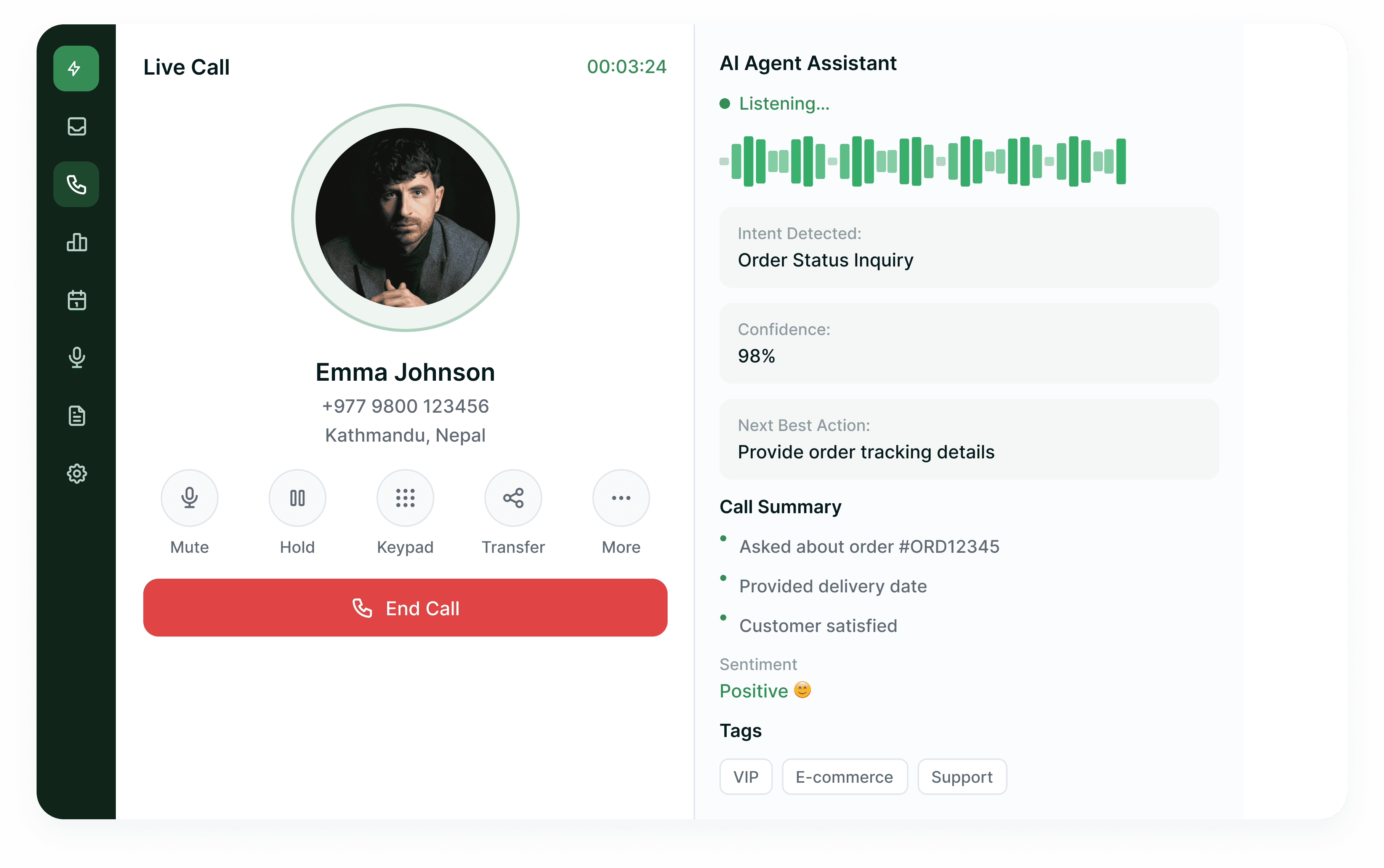 Live call screen with the AI agent assistant reading intent, next best action and the call summary