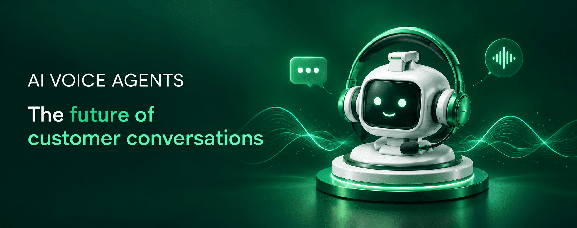 A white-and-green Telvanta robot wearing a green headset sits on a round podium, linked by dotted green lines to floating bubbles with a sound wave, a phone and the Telvanta logo.