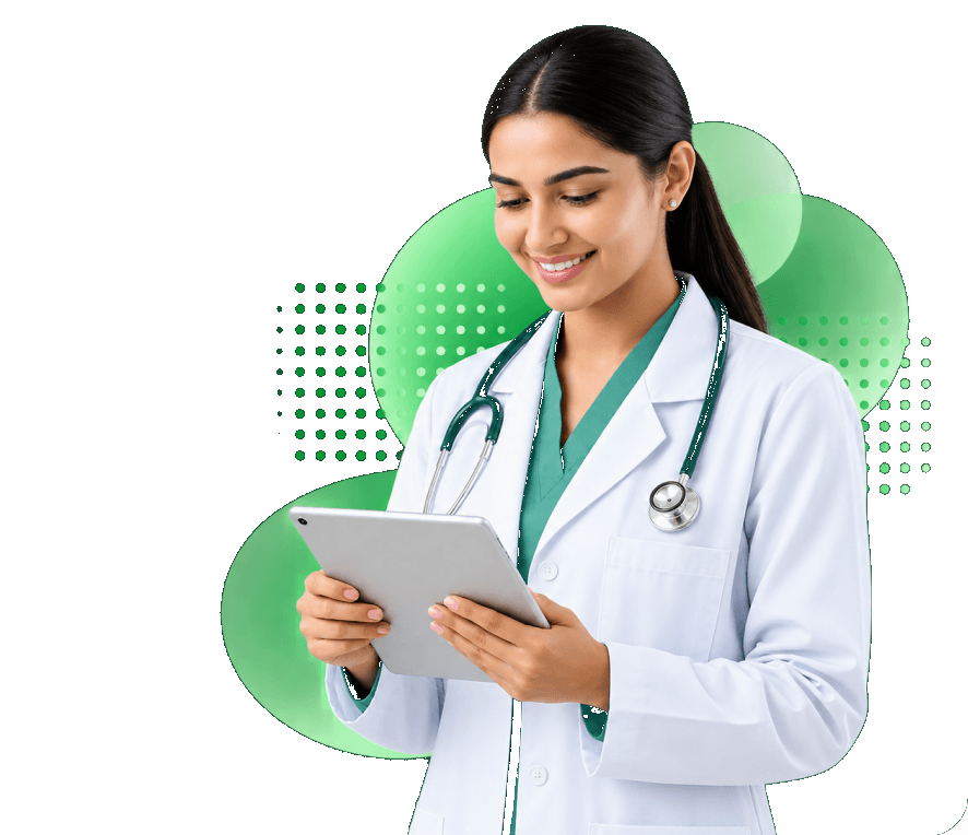 Doctor in a white coat holding a tablet showing the day's appointment schedule