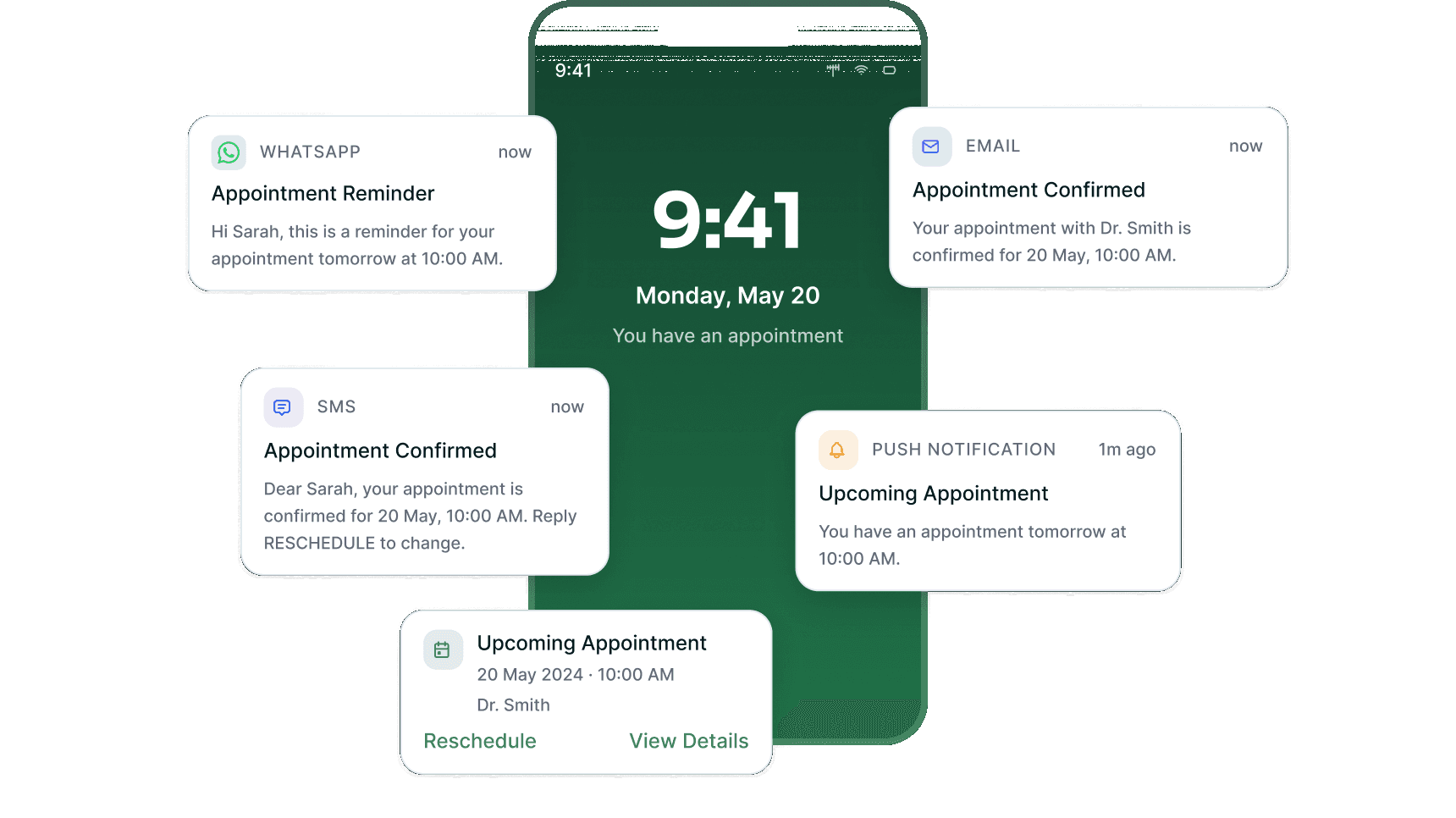 Appointment reminders arriving over WhatsApp, email, SMS and push beside a phone lock screen