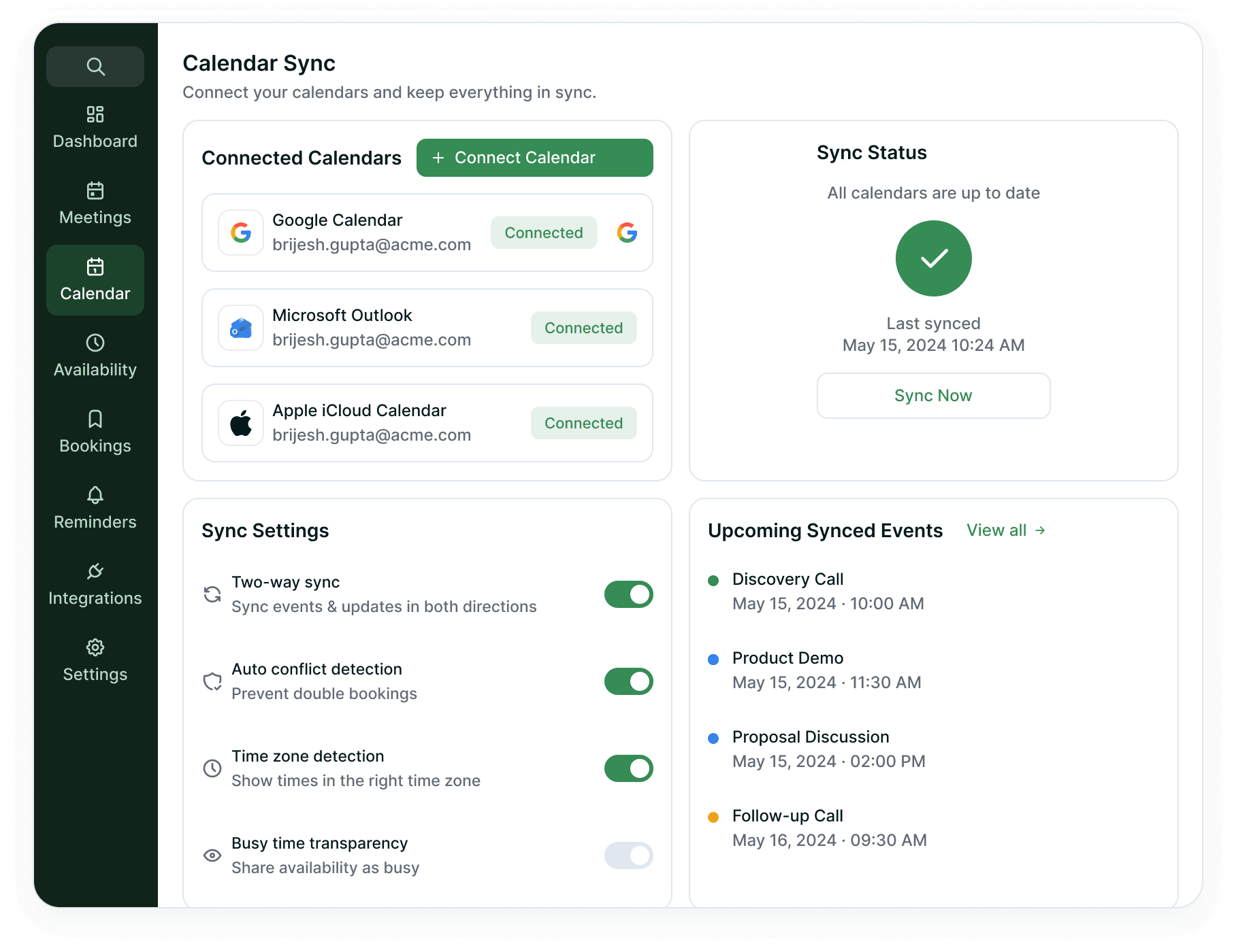 Calendar Sync workspace showing connected calendars, sync status, sync settings and upcoming events
