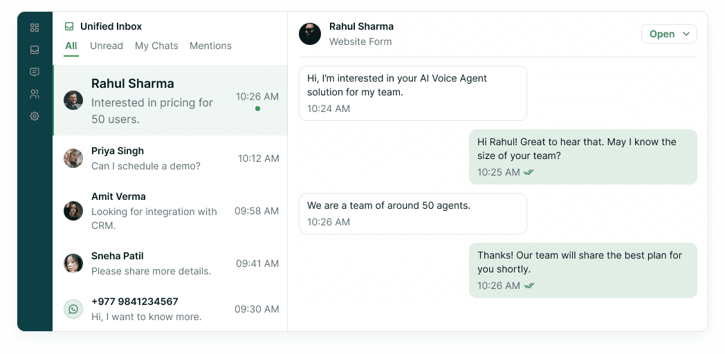 Unified inbox with the conversation list on the left and an open website-form thread on the right.