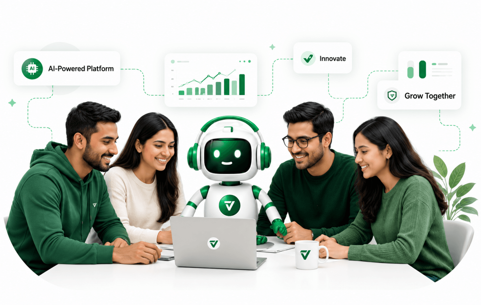 Four smiling colleagues sit around a white table watching a laptop, with a white-and-green Telvanta robot mascot seated among them, while dashed green lines link floating cards reading AI-Powered Platform, Innovate and Grow Together to a green bar-and-line chart.