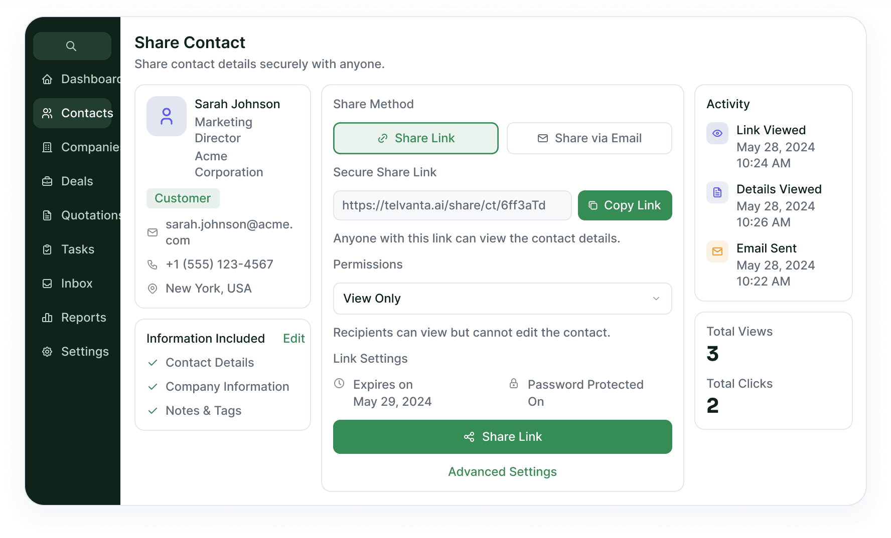 Share contact workspace with the contact card, share settings and the activity log