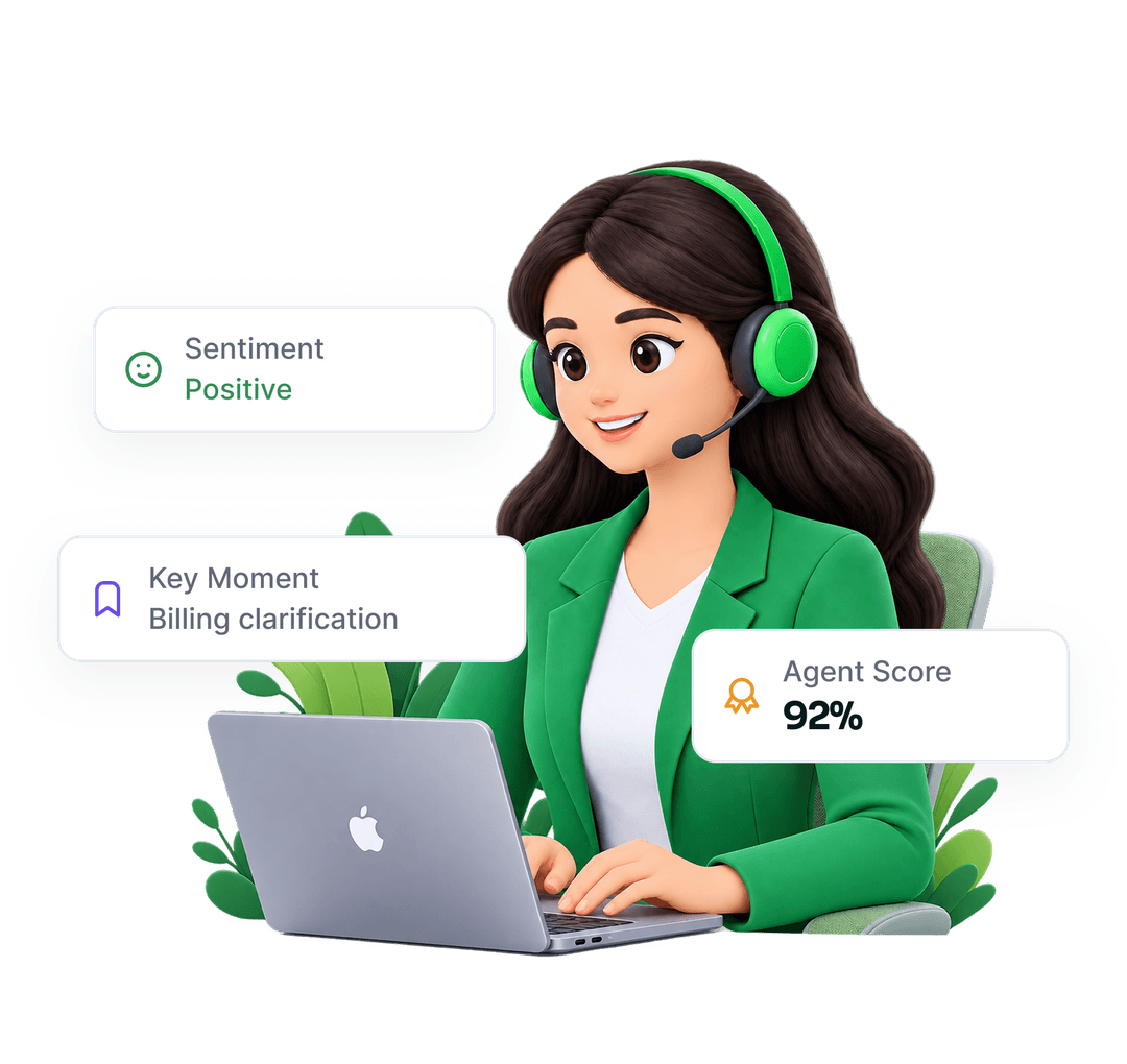 Sentiment, agent score and key moment callouts on a reviewed conversation