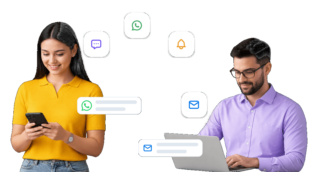 Conversations flowing across WhatsApp, email, chat and push