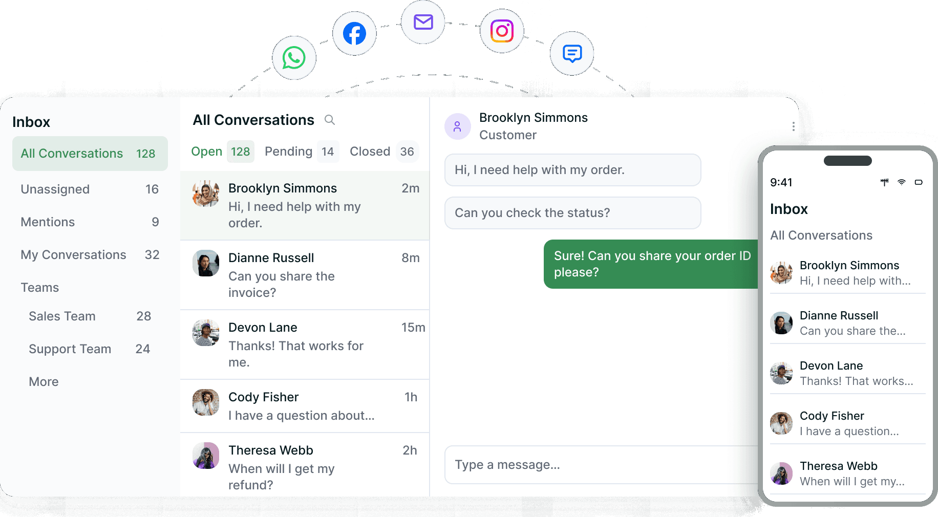 Unified inbox with team queues, conversation thread and mobile inbox under floating channel icons