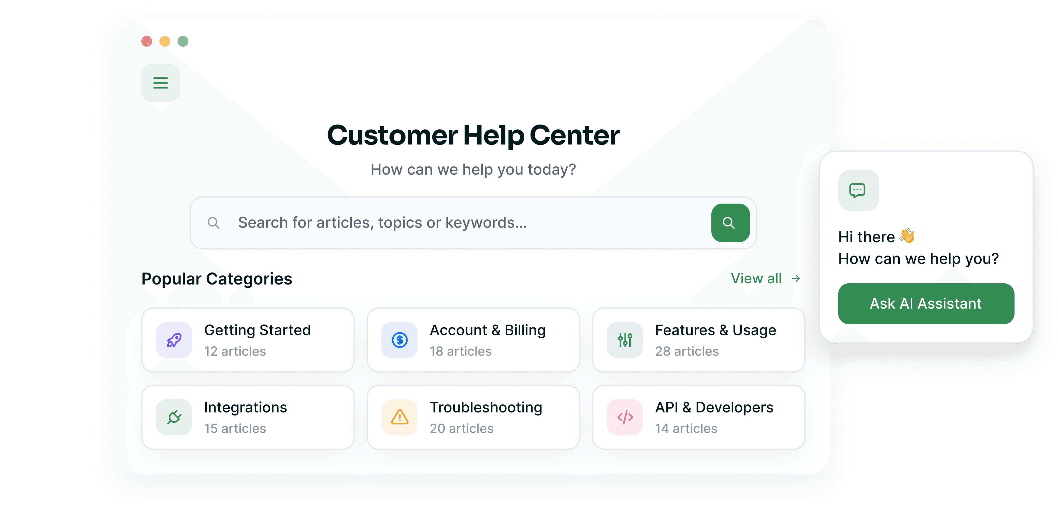Customer help centre with search and popular article categories beside an AI assistant prompt