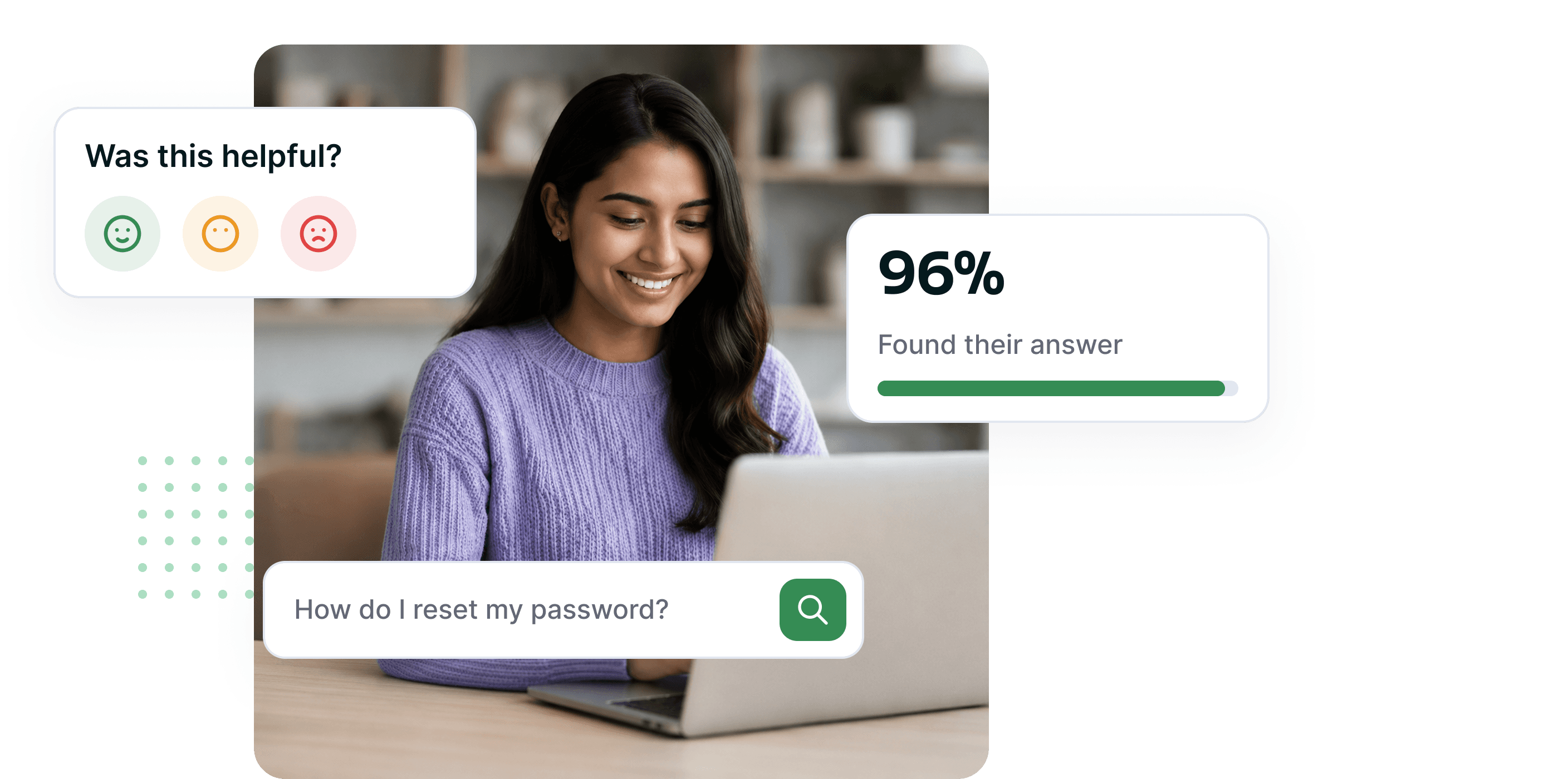 Article feedback prompt, a 96% found-their-answer figure and a search question card