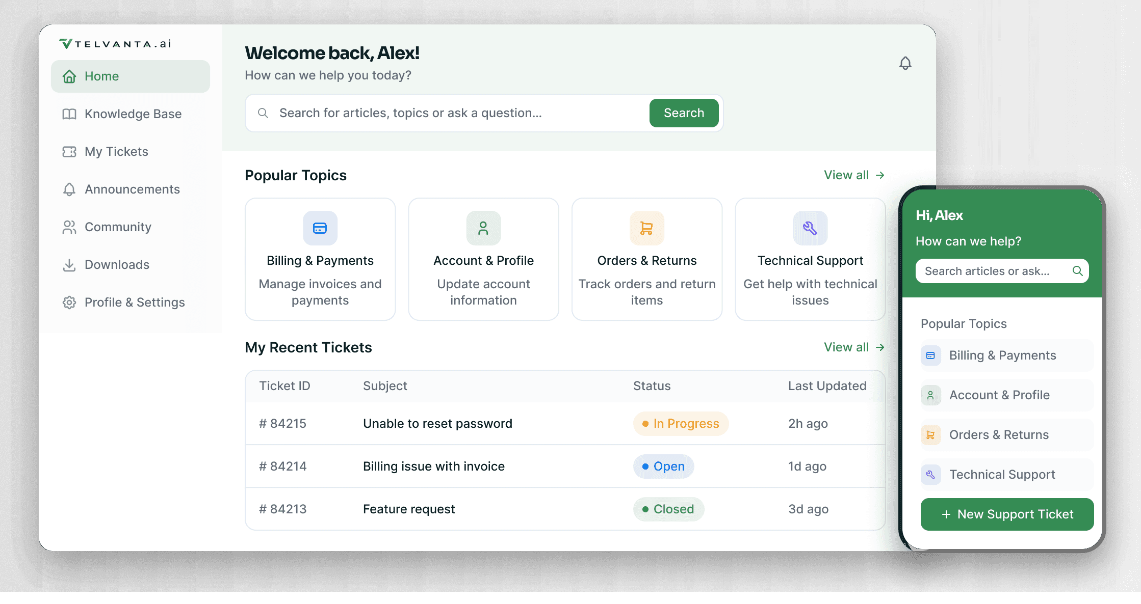 Customer portal with knowledge search, ticket list and announcements