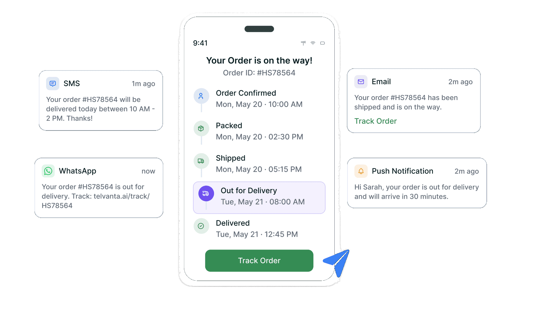 Order tracking timeline on a phone beside WhatsApp, SMS, email and push delivery notifications