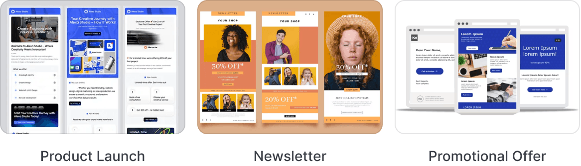Product launch, newsletter, and promotional email templates