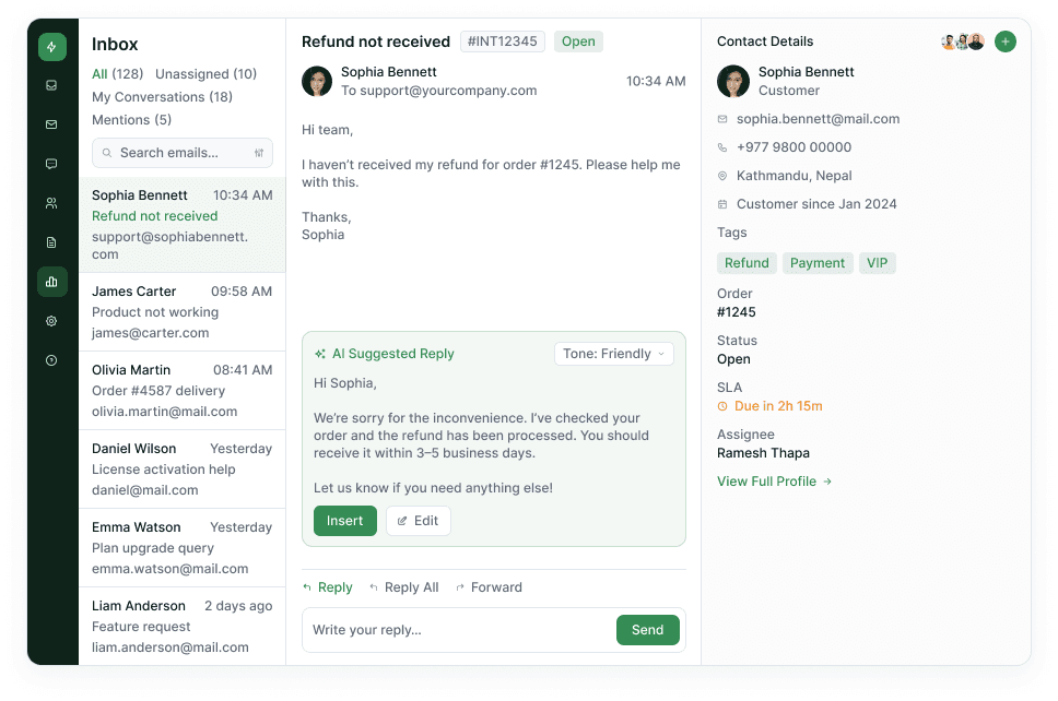 Unified email inbox with threads, AI reply suggestions and SLA status
