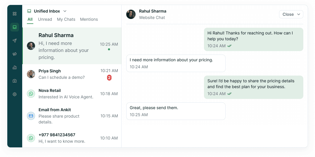Unified inbox with the conversation list on the left and an open web-chat thread with Rahul Sharma on the right.