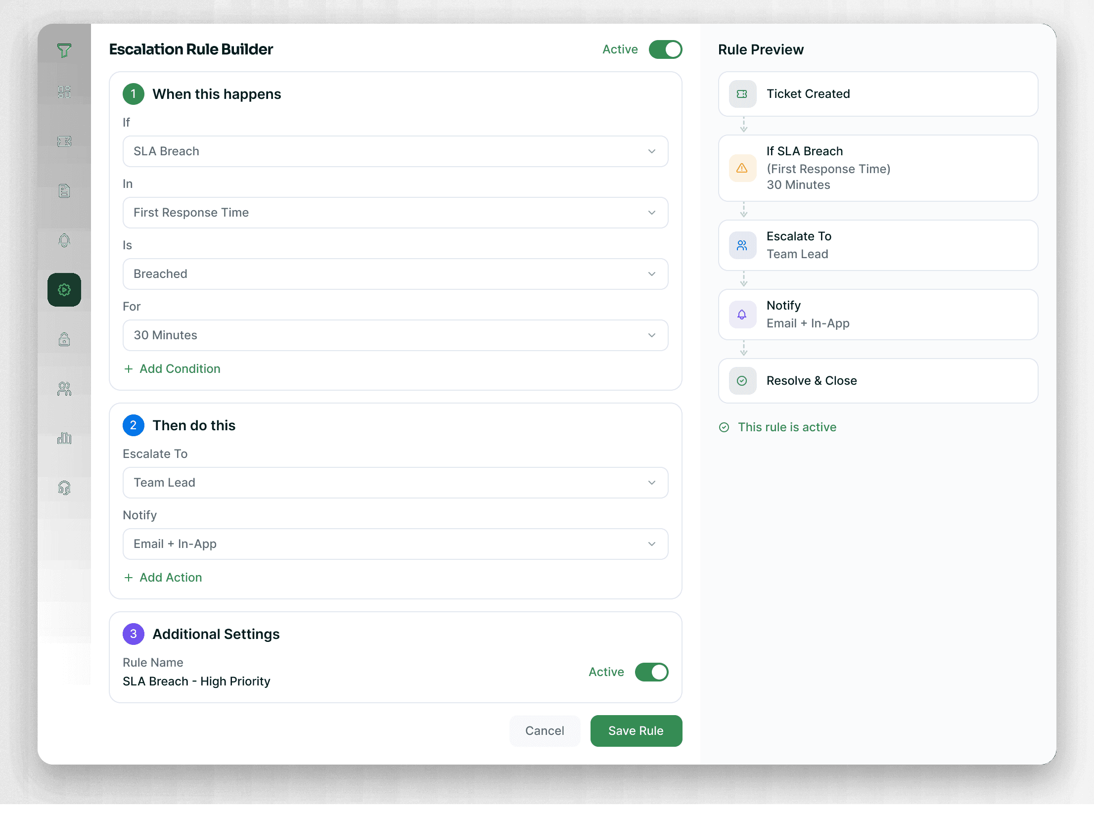 Escalation rule builder with conditions, levels and notification channels