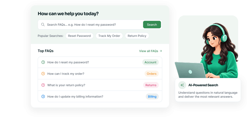 FAQ search box with instant matching answers and popular questions