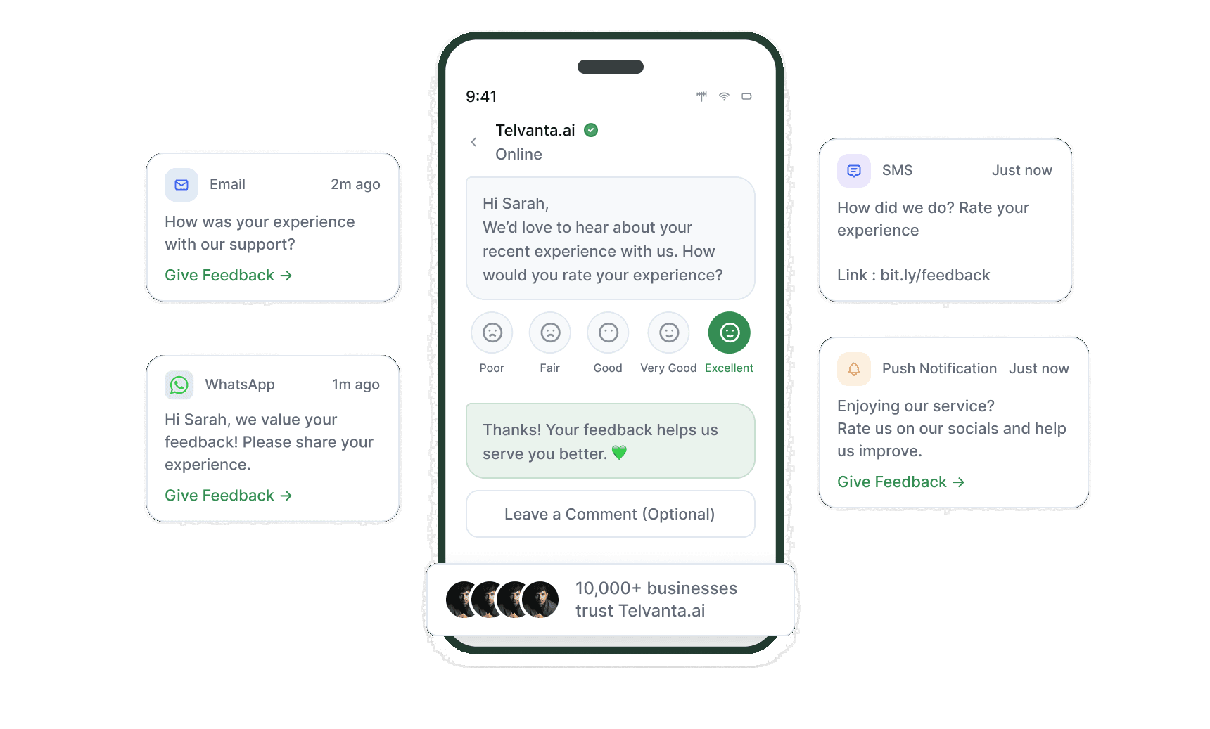 In-chat rating prompt on a phone beside email, WhatsApp, SMS and push feedback requests